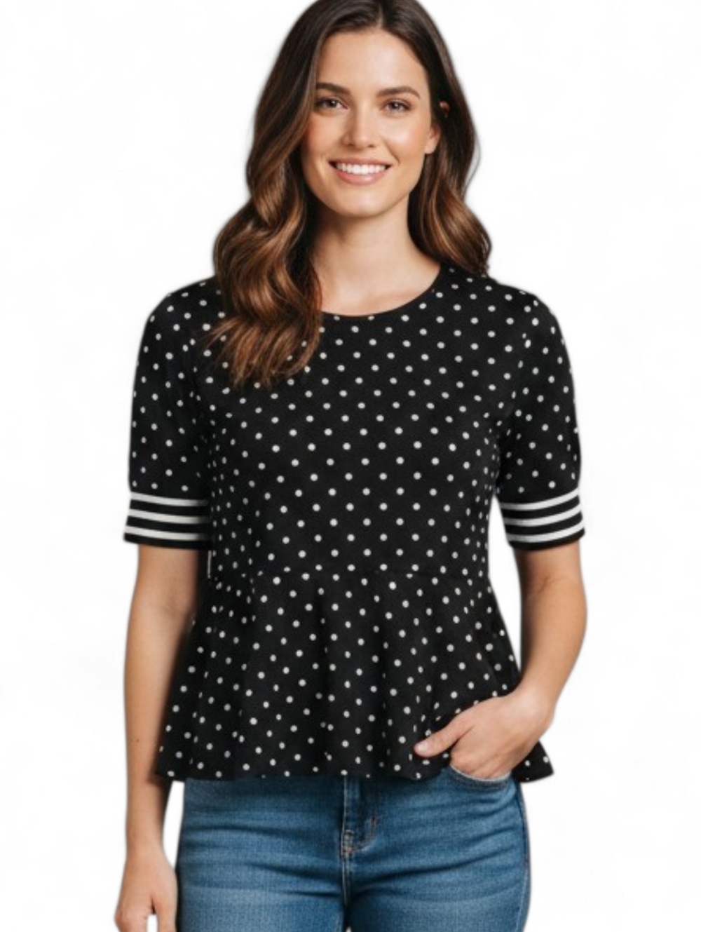 Suzy Shier Black and White Polka Dot Peplum Top Size Med